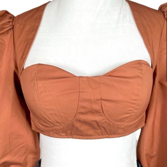 Hanifa Kayla Bustier Long Sleeve Crop Top Princess Poof Sleeves Brown NWT 2XS - Picture 2 of 10